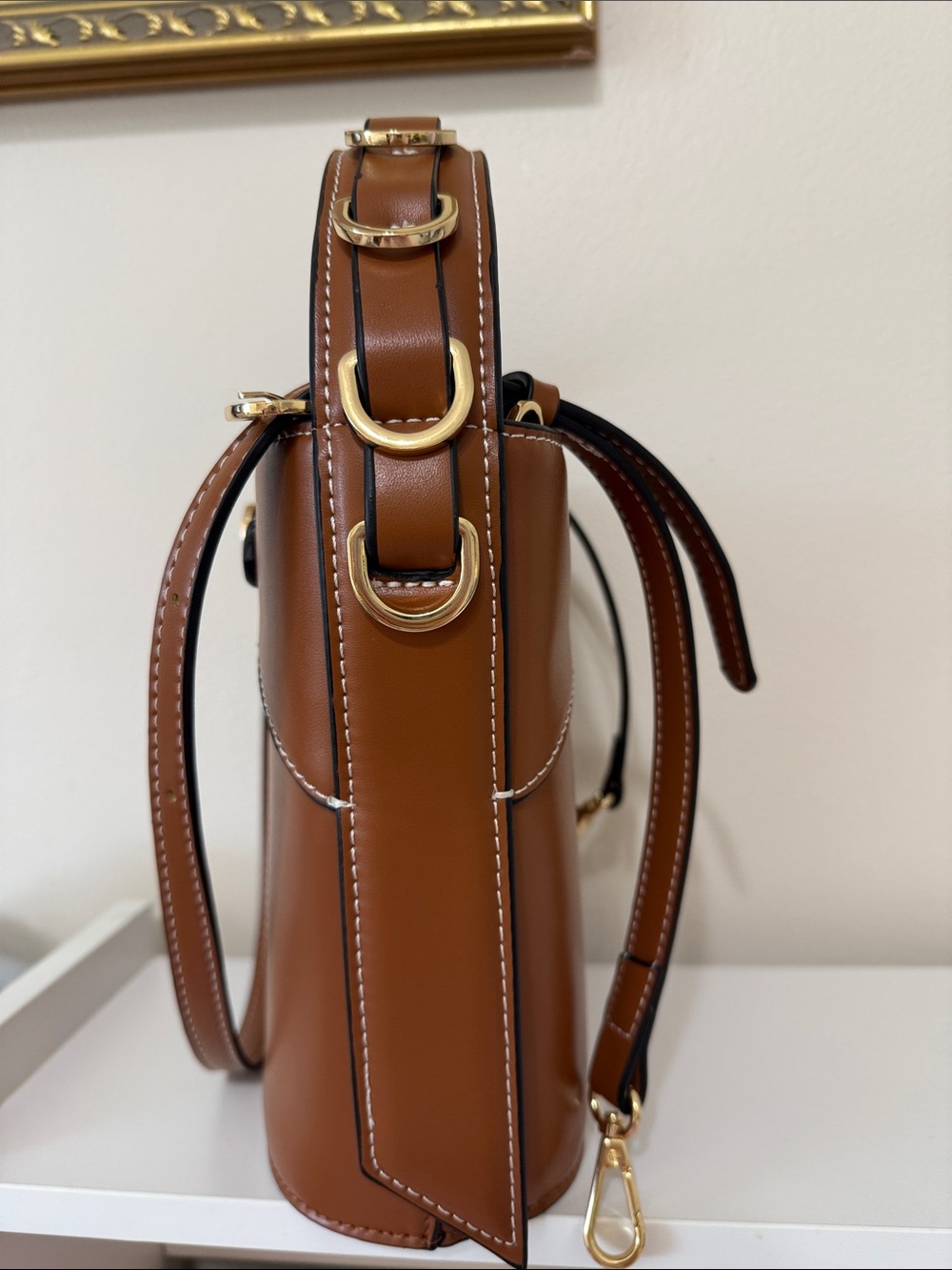Structured Brown Leather Bucket Bag with Buckle Detail - Picture 2 of 11